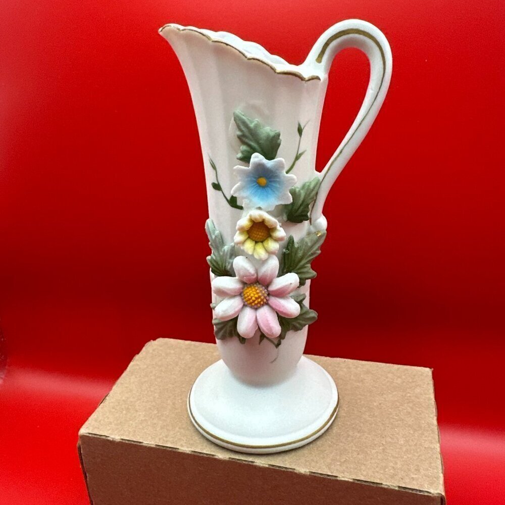 VTG PORCELAIN HAND PAINTED JAPAN PITCHER - VASE w/ RAISED FLOWERS & LEAVES,